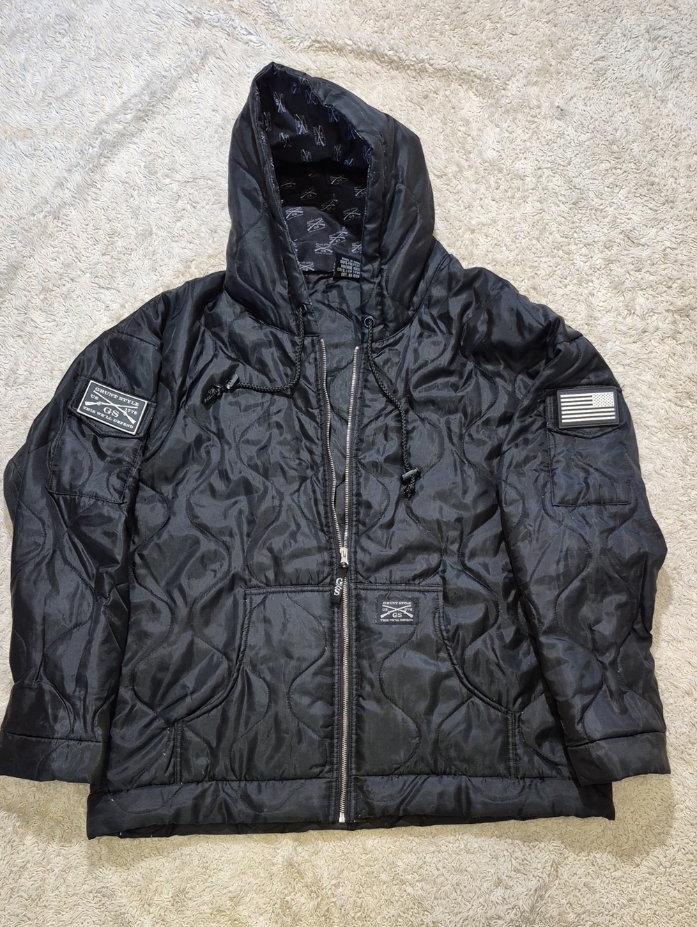 Grunt Style Full Zip Hoodie Jacket XL Winter Puffer Quilted Coat Velcro Patches